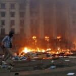 Trade Union building on fire in the center of Ukraine's southern port city of Odessa on May 2, 2014. Photo: Reuters.