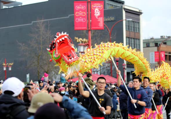Performers take part in 48th annual Chinatown Spring Festival Parade in Chinatown of Vancouver, British Columbia, Canada on January 22, 2023. Photo by Mert Alper Dervis/Anadolu Agency via Getty Images.