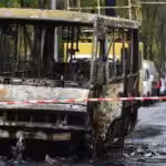 A passenger bus destroyed by Ukrainian shelling in Donetsk, Donetsk People's Republic, Russia. Photo: Sputnik/Taisija Voroncova.