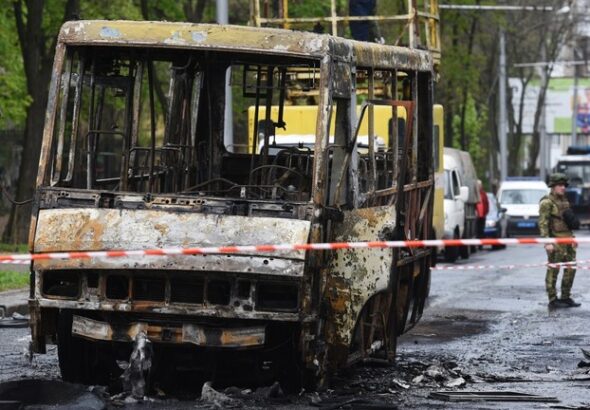 A passenger bus destroyed by Ukrainian shelling in Donetsk, Donetsk People's Republic, Russia. Photo: Sputnik/Taisija Voroncova.