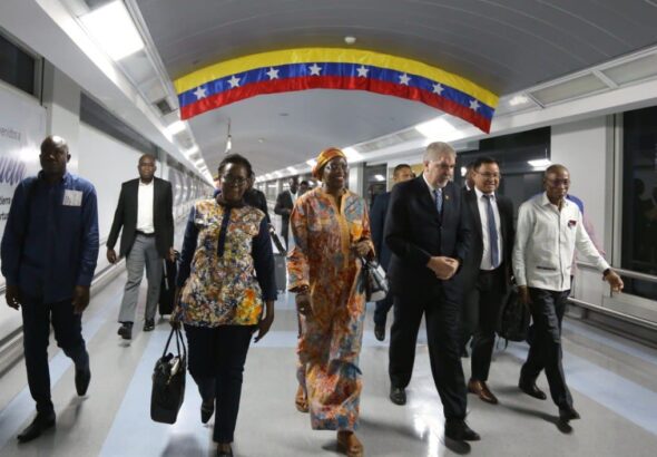 Burkina Faso Prime Minister Apollinaire Kyélem de Tambèla being received at the Simon Bolivar International Airport by Venezuela's Deputy Foreign Minister for Africa Yuri Pimentel. Photo: Twitter/@CancilleriaVE.
