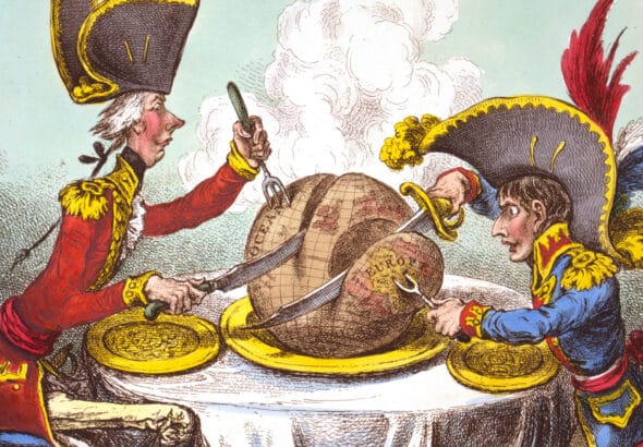 “The Plumb-pudding in danger, or, State epicures taking un petit souper,” an 1805 caricature by James Gillray, lampoons French and British imperialisms as they carve up the world. Photo: Wikimedia Commons. 