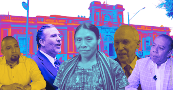 Five candidates excluded from the upcoming Guatemalan elections by lawfare: (from left to right) Juan Francisco Solórzano Foppa, Roberto Arzú, Thelma Cabrera, Edmond Mulet, Aldo Dávila. Photo: Paolina Albani.