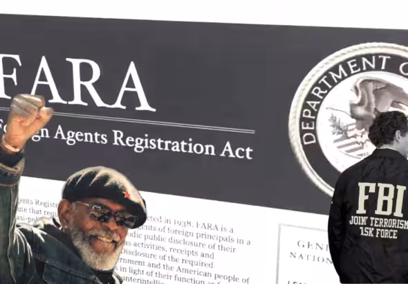 Photo composition showing African People Socialist Party Chairman Omali Yeshitela with his fist in the air (left) and an FBI agent (right) on a screen of the FARA website in the background. Photo: Orinoco Tribune.