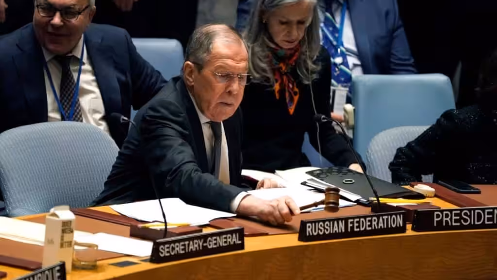 Russian Foreign Minister Sergey Lavrov chairs a Security Council meeting at UN Headquarters in New York on April 24, 2023. Photo: Timothy A. Clary/AFP/Getty Images.