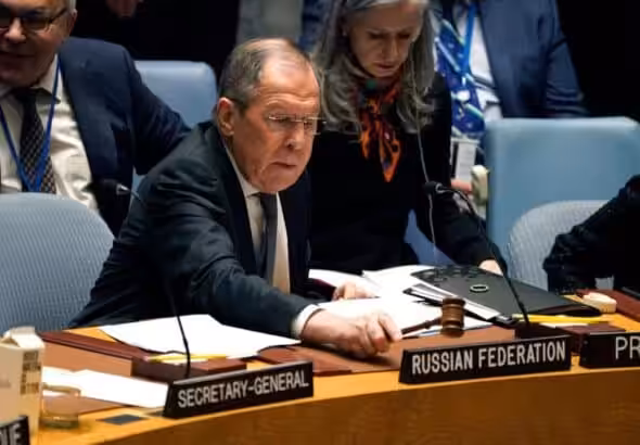 Russian Foreign Minister Sergey Lavrov chairs a Security Council meeting at UN Headquarters in New York on April 24, 2023. Photo: Timothy A. Clary/AFP/Getty Images.