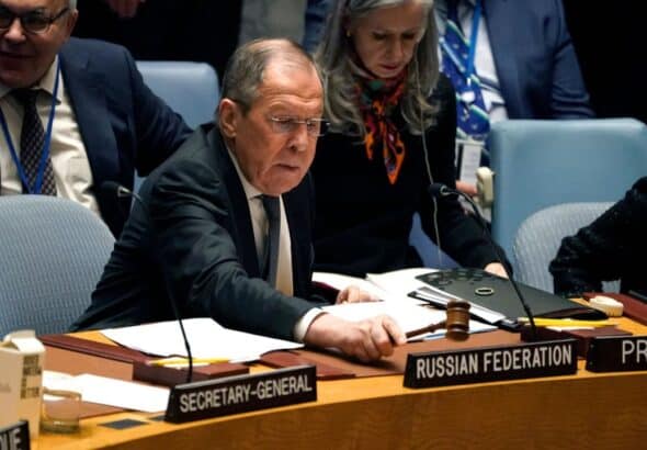 Russian Foreign Minister Sergey Lavrov chairs a Security Council meeting at UN Headquarters in New York on April 24, 2023. Photo: Timothy A. Clary/AFP/Getty Images.