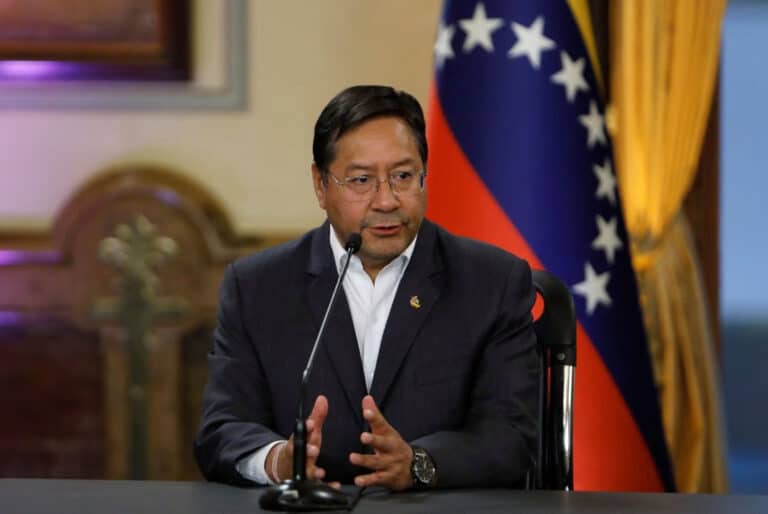 Bolivian President Luis Arce speaking at a high-level meeting in Venezuela, April 20, 2023. Photo: Reuters/Leonardo Fernández Viloria.
