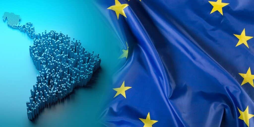 Photo composition with a European Union flag (right) and a computerized silhouette of Latin America (left). Photo: Marco Trade Revista/File photo.