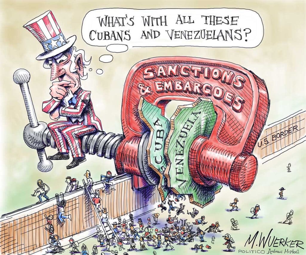 Cartoon showing disastrous effects of US sanctions. Cartoon: Andrew McNeal/Politico.