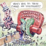 Cartoon showing disastrous effects of US sanctions. Cartoon: Andrew McNeal/Politico.