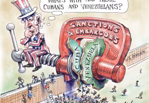 Cartoon showing disastrous effects of US sanctions. Cartoon: Andrew McNeal/Politico.
