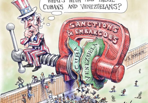 Cartoon showing disastrous effects of US sanctions. Cartoon: Andrew McNeal/Politico.