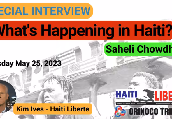 Poster with information about the interview with Kim Ives by Orinoco Tribune. Photo: Orinoco Tribune.