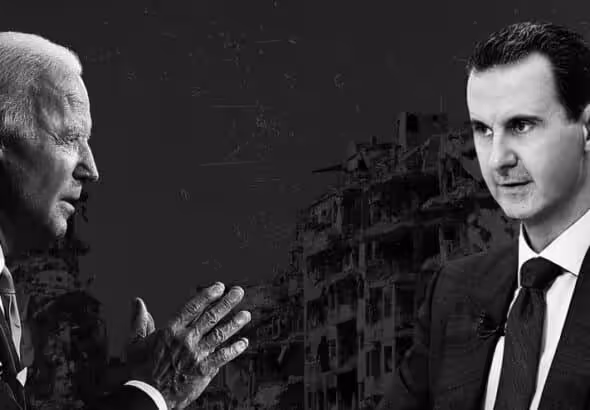 Photo composition showing Syrian President Bashar al-Assad (right) and US President Joe Biden (left) with destroyed Syrian buildings in the background. Photo: The Cradle.