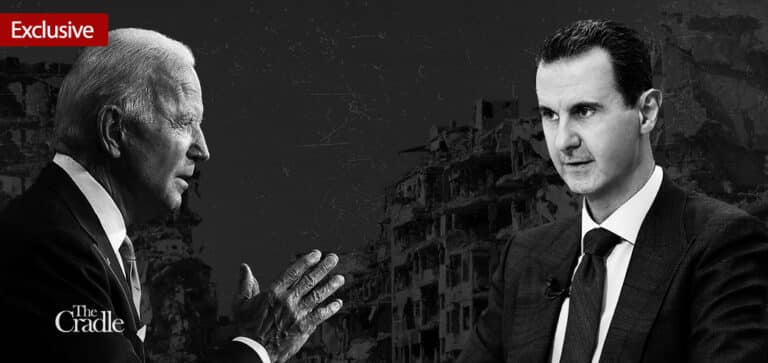 Photo composition showing Syrian President Bashar al-Assad (right) and US President Joe Biden (left) with destroyed Syrian buildings in the background. Photo: The Cradle.