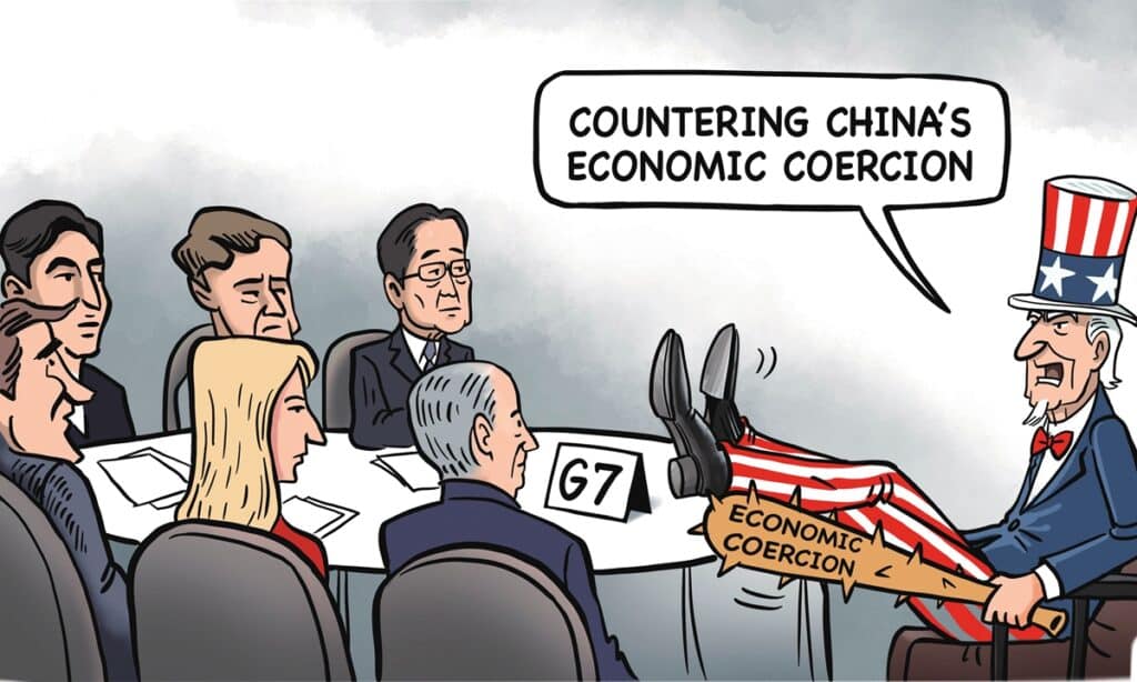Cartoon showing the US threatening its own allies with economic coercive measures while lecturing about China's supposed economic coercion. Photo: Global Times.