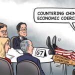 Cartoon showing the US threatening its own allies with economic coercive measures while lecturing about China's supposed economic coercion. Photo: Global Times.