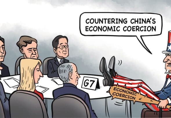 Cartoon showing the US threatening its own allies with economic coercive measures while lecturing about China's supposed economic coercion. Photo: Global Times.