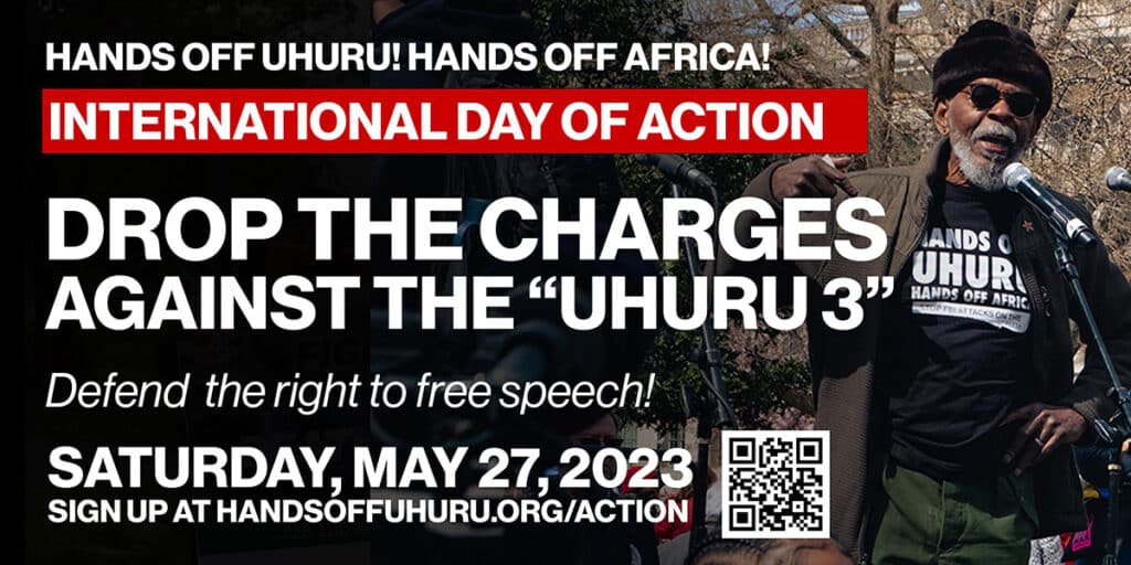 Poster with the details about the international day of action in support of the Uhuru 3. Photo: HandsOffUhuru.