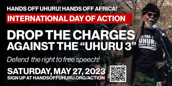 Poster with the details about the international day of action in support of the Uhuru 3. Photo: HandsOffUhuru.