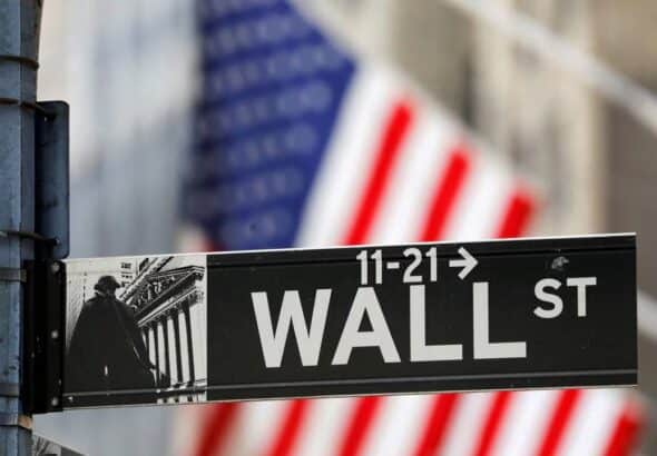 A Wall Street sign outside the New York Stock Exchange. Photo: Reuters.