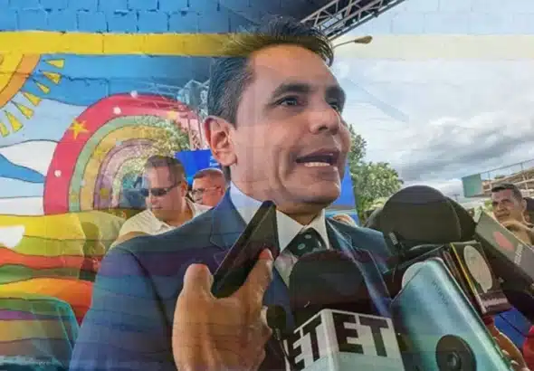 Photo composition showing the mural drawn by autistic children of the Divino Maestro school (left) and Mayor Ernesto Paraqueima giving statements to the press. Photo: RedRadioVE.