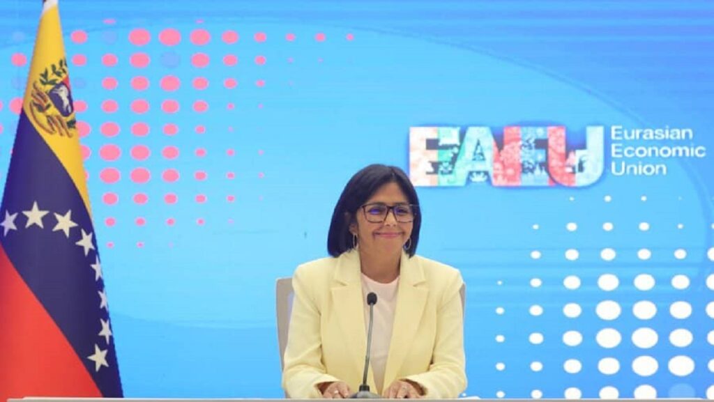 Venezuelan Vice President Delcy Rodríguez during her speech at the Eurasian Economic Union Second Summit, Wednesday, May 24, 2023. Photo: Venezuelan Vice Presidency Office.