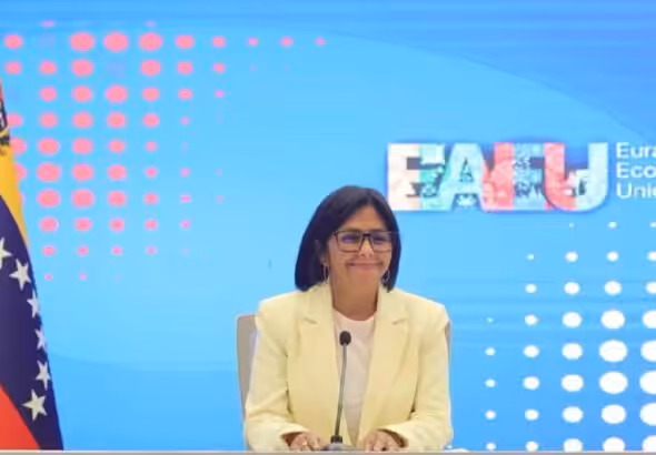 Venezuelan Vice President Delcy Rodríguez during her speech at the Eurasian Economic Union Second Summit, Wednesday, May 24, 2023. Photo: Venezuelan Vice Presidency Office.