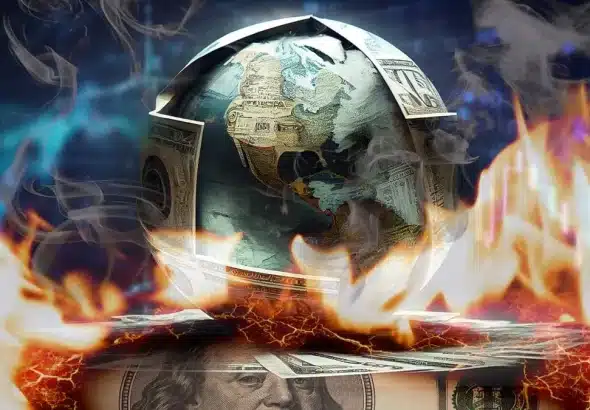 Photo composition showing an globe covered with US dollars on fire. Photo: Styleproject/File photo.