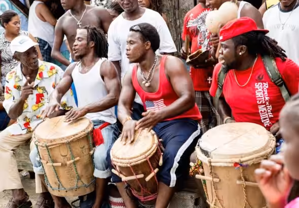 Men playing their handmade drums at a Caribbean Garifuna community event in Sambo Creek, Honduras, March 8, 2015 . Photo: The Pan African Review/File photo.