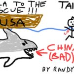 Drawing done by a 6-year-old boy named Randy, showing the Great White Shark that would be China, who is looking at the man bleeding in the water, and the man can be compared to Taiwan, and the United States is the ship who comes to the rescue of man.
