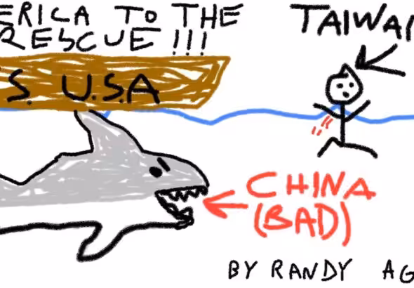 Drawing done by a 6-year-old boy named Randy, showing the Great White Shark that would be China, who is looking at the man bleeding in the water, and the man can be compared to Taiwan, and the United States is the ship who comes to the rescue of man.