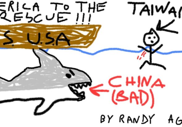 Drawing done by a 6-year-old boy named Randy, showing the Great White Shark that would be China, who is looking at the man bleeding in the water, and the man can be compared to Taiwan, and the United States is the ship who comes to the rescue of man.