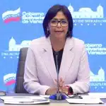 Venezuelan Vice President Delcy Rodríguez during a press conference denouncing OFAC License 42 and the US government theft of CITGO Corporation, in Miraflores Palace, Wednesday, May 3, 2023. Photo: Presidential Press