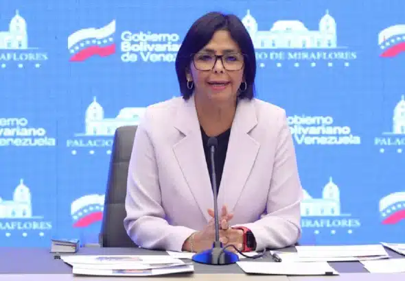 Venezuelan Vice President Delcy Rodríguez during a press conference denouncing OFAC License 42 and the US government theft of CITGO Corporation, in Miraflores Palace, Wednesday, May 3, 2023. Photo: Presidential Press