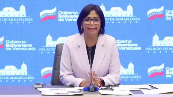 Venezuelan Vice President Delcy Rodríguez during a press conference denouncing OFAC License 42 and the US government theft of CITGO Corporation, in Miraflores Palace, Wednesday, May 3, 2023. Photo: Presidential Press
