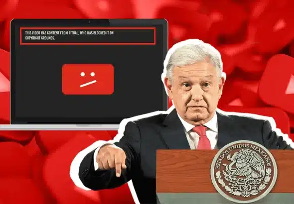 Photo composition showing Mexican President Andrés Manuel López Obrador during on of his daily press conferences and, in the background, several YouTube logos and a screenshot with a YouTube error message. Photo: El Economista.