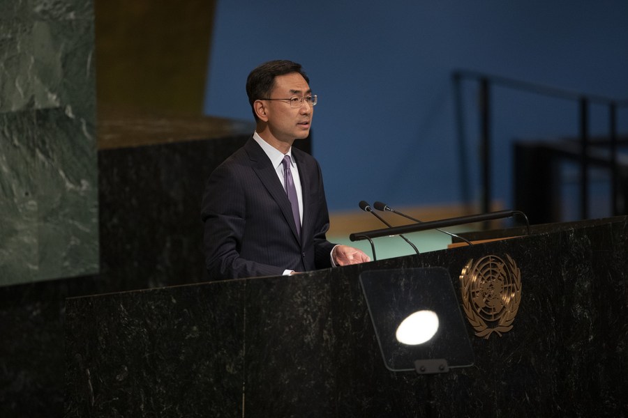 Geng Shuang, China's deputy permanent representative to the United Nations, speaks at the UN General Assembly Emergency Special Session on Ukraine at the UN headquarters in New York, Oct. 12, 2022. Photo: Xinhua/Xie E.