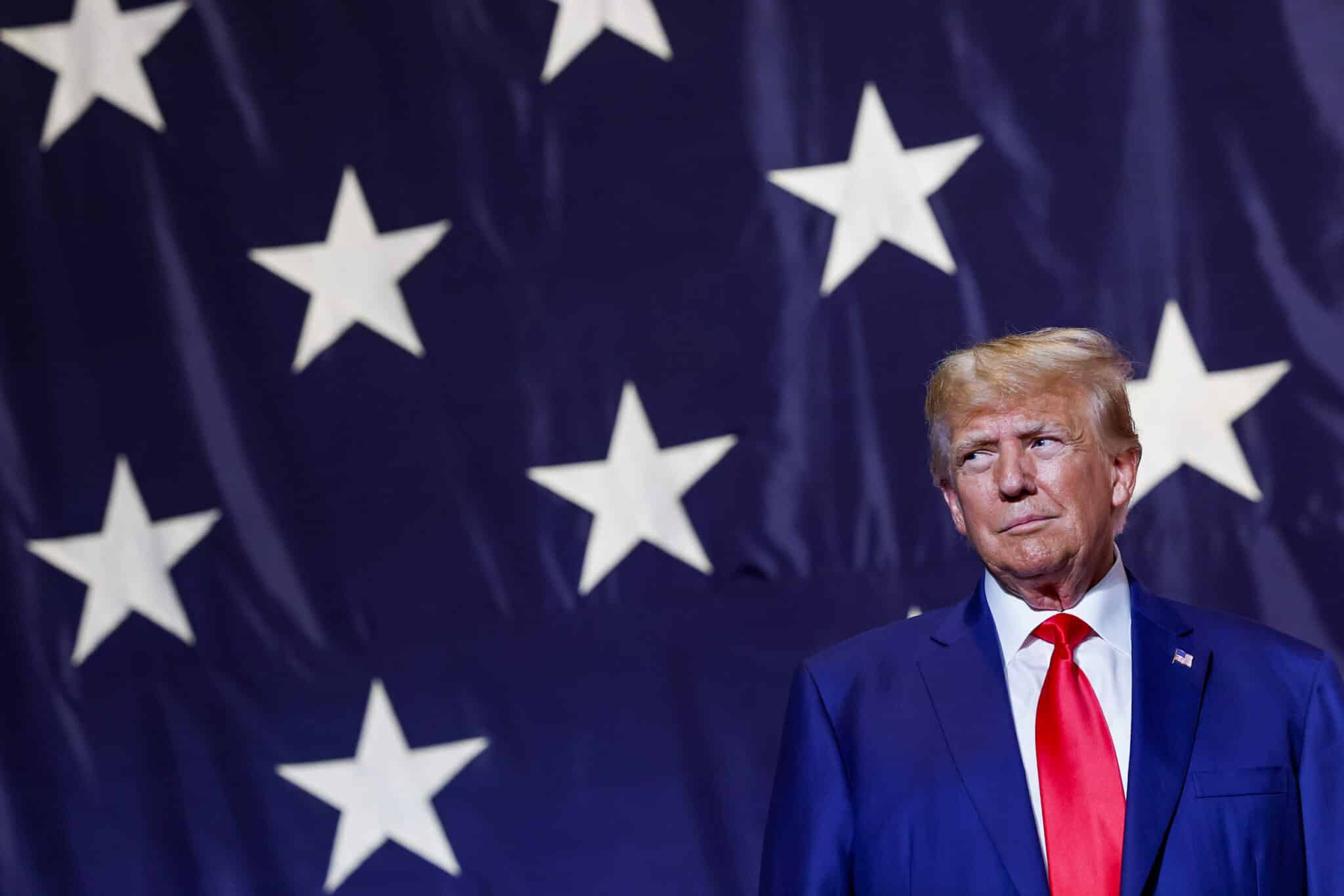 Former President Donald Trump in front of the stars of a US flag during a political rally in Columbus, Georgia, on June 10. Photo: Anna Moneymaker/Getty Images.