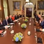 Colombian delegation led by President Gustavo Petro facing the US delegations led by President Joe Biden, during Petro’s visit to Washington on April 20, 2023. Photo: Colombian Presidency Office.