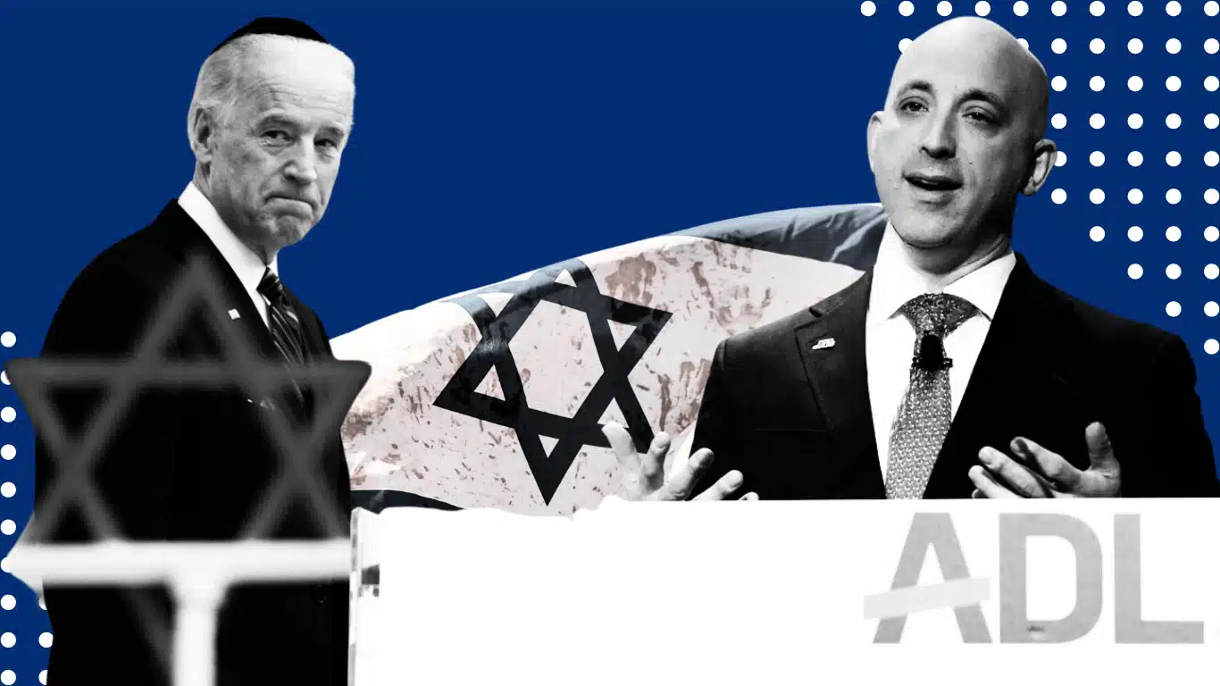 Photo composition: Joe Biden (left) and Jonathan Greenblatt (right), in the background the Star of David. Photo: Mint Press News.