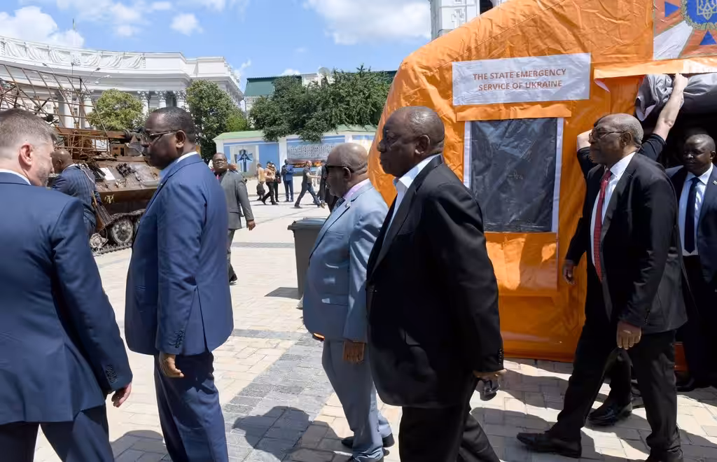 The African peace mission for Ukraine arrives at Nemishaeve railway station, Kiev, June 16, 2023. Photo: Presidency of South Africa.