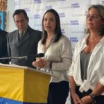 Far-right opposition leader María Corina Machado giving statements to the press after a meeting with the self-styled "National Primaries Commission," on May 24, 2023. Photo: Twitter/@VenteVenezuela.