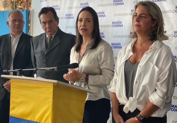 Far-right opposition leader María Corina Machado giving statements to the press after a meeting with the self-styled "National Primaries Commission," on May 24, 2023. Photo: Twitter/@VenteVenezuela.