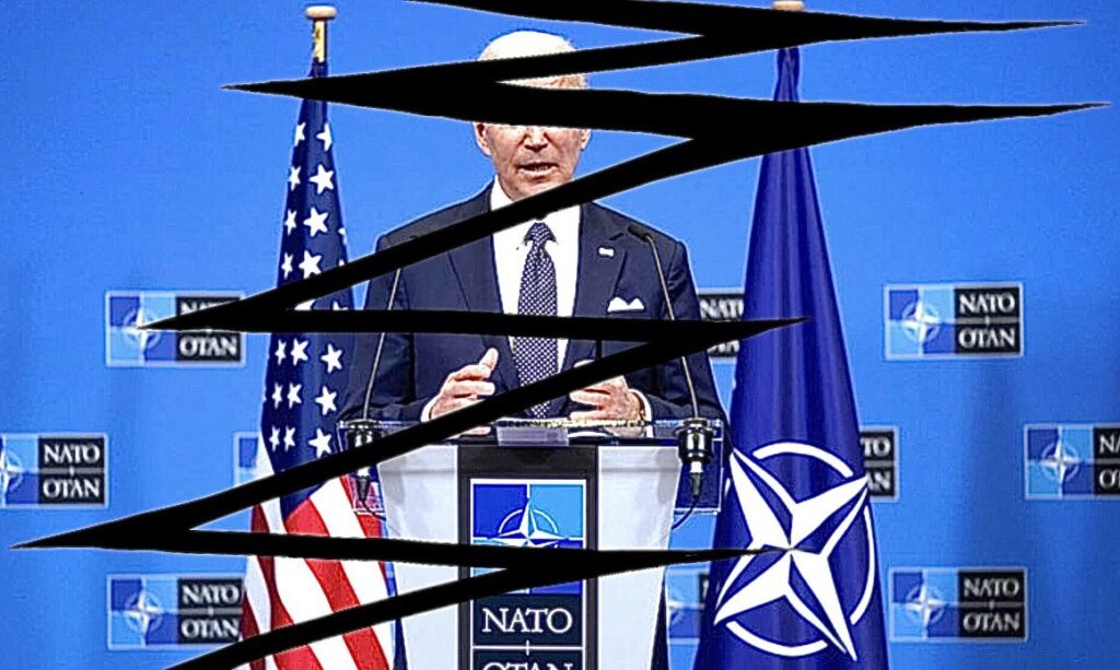US President Joe Biden with US and NATO flags, all crossed out. Photo: Author.