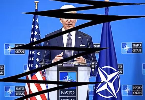 US President Joe Biden with US and NATO flags, all crossed out. Photo: Author.