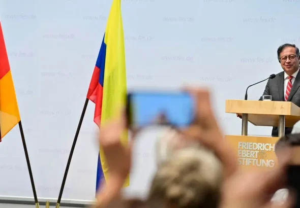 Colombian President Gustavo Petro during the keynote speech he gave on Thursday, June 15, 2023, at the Friedrich-Ebert-Stiftung Foundation, in Berlin, Germany. Photo: Cristian Garavito/Colombian Presidency.