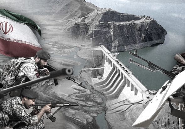 Iranian (left) and Afghani (right) militants facing off over a backdrop featuring the Helmand River. Photo: The Cradle.