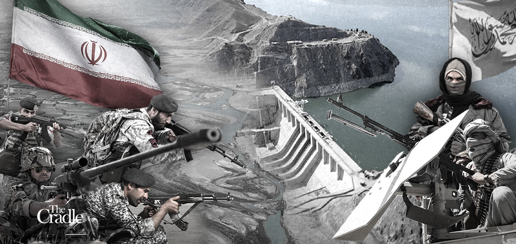 Iranian (left) and Afghani (right) militants facing off over a backdrop featuring the Helmand River. Photo: The Cradle.